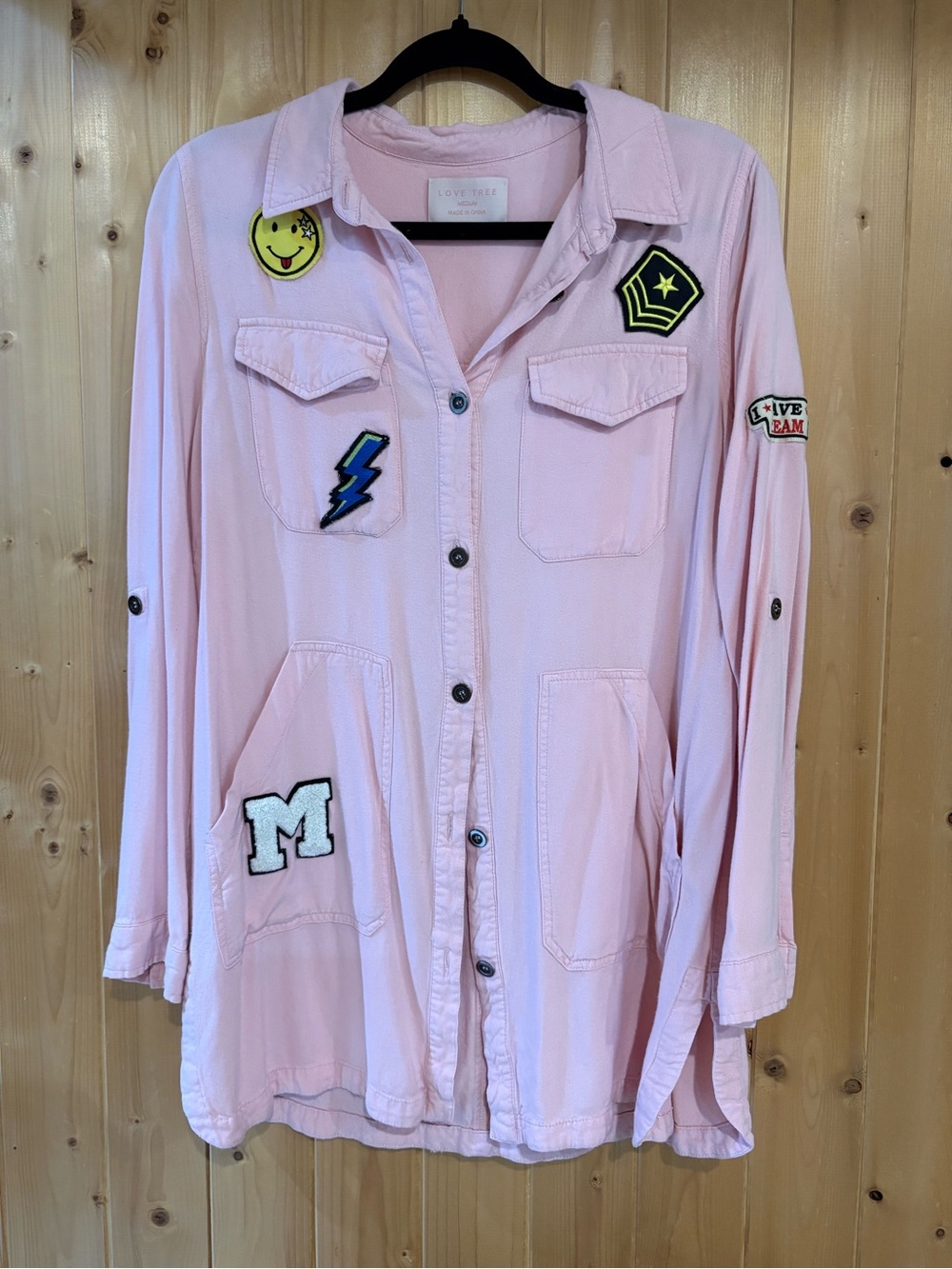 Love Tree Light Pink Utility Jacket with Patch Accents